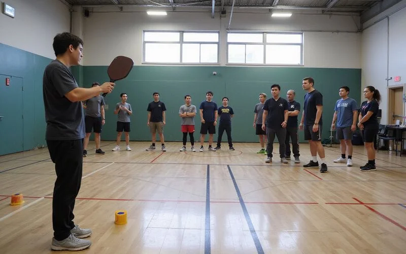 A beginner pickleball class with an instructor demonstrating basic technique to new players on an outdoor court in Klang Valley