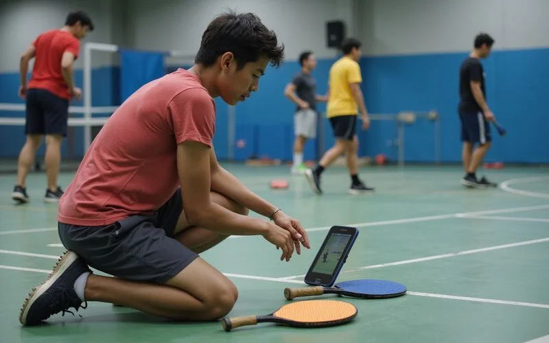 A pickleball coach giving one-on-one feedback to a player between drills on a court in Klang Valley, natural daylight