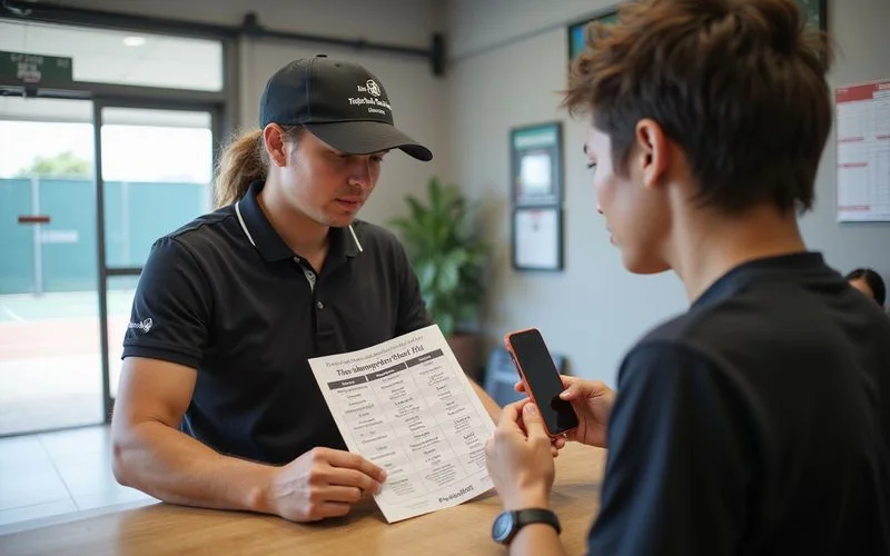 Two pickleball players comparing pricing plans on a phone at a social club reception counter in Klang Valley, natural daylight