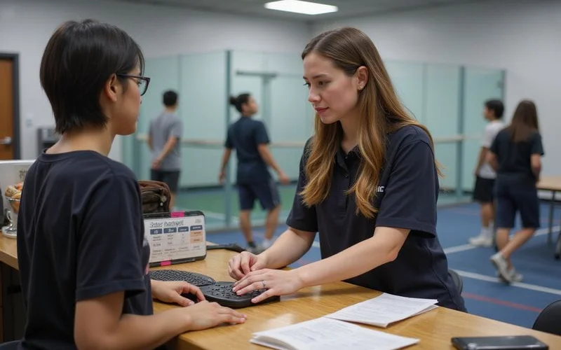 A pickleball court booking desk in Klang Valley with a staff member checking a reservation on a tablet, natural daylight, clean welcoming setting