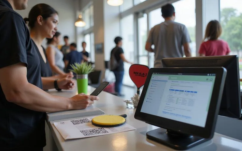 A player checking in at a pickleball venue reception desk in Klang Valley, staff member confirming a booking, natural indoor lighting