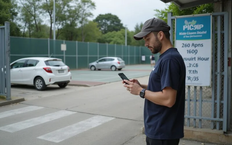 A newcomer checking a map of pickleball venues on a phone while standing outside a court facility in Klang Valley, natural daylight