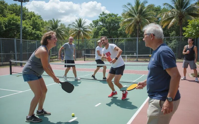 A group of friends playing a casual pickleball match outdoors in Klang Valley during daytime, natural light, relaxed social setting