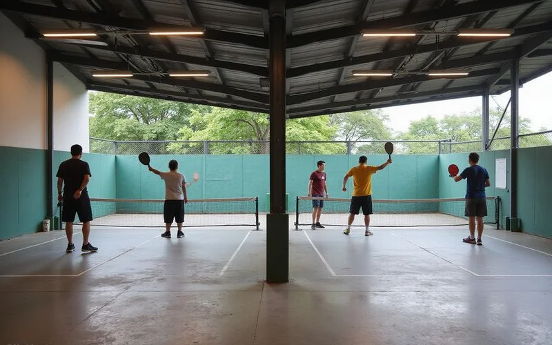 A split view showing an air-conditioned indoor pickleball court and a sunlit outdoor pickleball court in Klang Valley, natural daylight, clean facilities