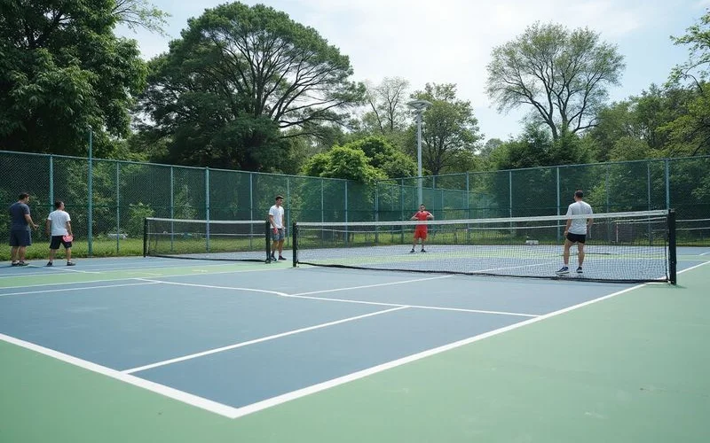 An outdoor pickleball court facility in the Klang Valley area with players and a scoreboard visible