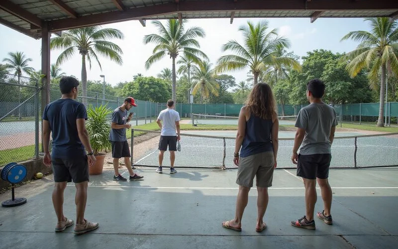 Outdoor pickleball courts in Klang Valley with visible sky conditions and players adjusting for weather, natural daylight
