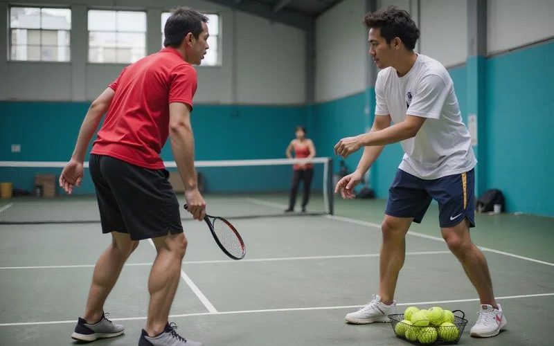 A pickleball coach demonstrating a serve technique to a small group of students on an outdoor court in Klang Valley, natural daylight