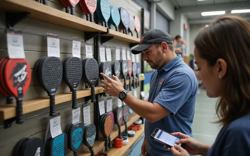 A row of pickleball paddles displayed at a pro shop counter in Klang Valley, various colors and weights, natural indoor lighting