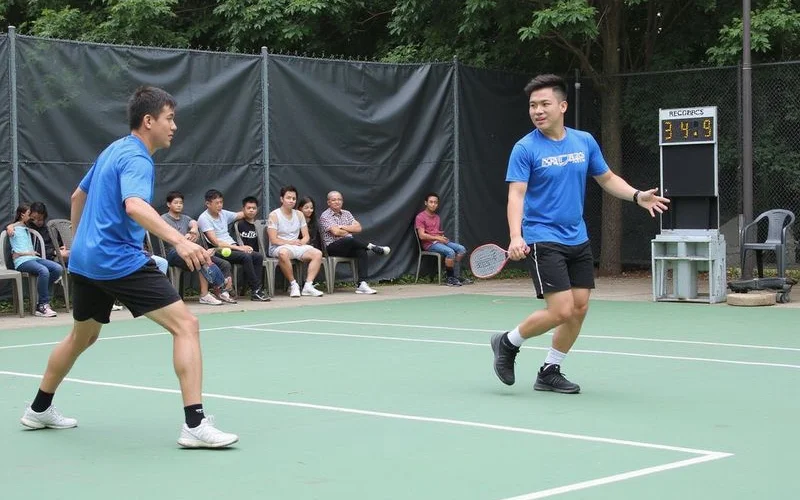 Players competing in a pickleball tournament match on an outdoor court in Klang Valley with a small crowd watching, natural daylight
