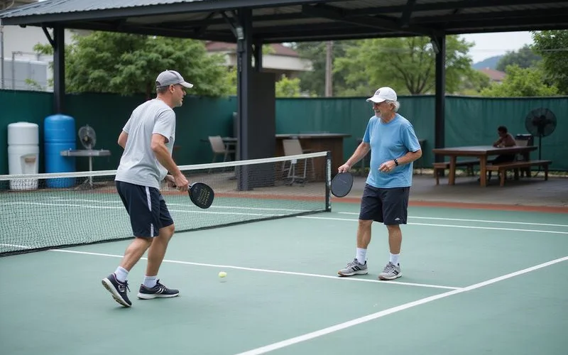 Older adults playing a relaxed doubles pickleball match at a social club in Klang Valley, natural daylight, welcoming atmosphere