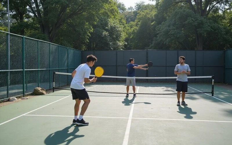 A player doing a light warm-up stretch on the sideline of a pickleball court before a session, natural daylight, casual setting